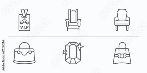 luxury outline icons set. thin line icons such as vip pass, throne, luxury armchair, handbag, ruby, gift bag vector.