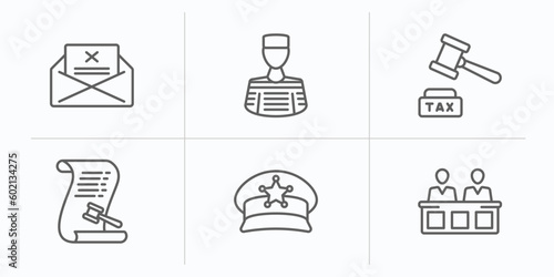 law and justice outline icons set. thin line icons such as crime letter, prisoner, tax law, law paper, police cap, jury vector.