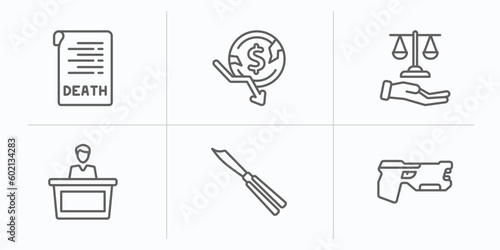law and justice outline icons set. thin line icons such as death certificate, bankruptcy, justice scales in hand, court trial, butterfly knife, electroshock weapon vector.