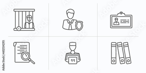 law and justice outline icons set. thin line icons such as prisioner, custody, employment, investigation, convict, practise areas vector. photo