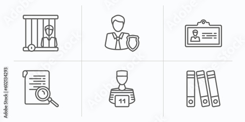 law and justice outline icons set. thin line icons such as prisioner, custody, employment, investigation, convict, practise areas vector.