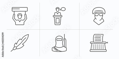 law and justice collection. outline icons set. thin line icons such as civil rights, witness, , feather pen, stenographer