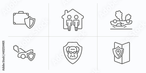 insurance outline icons set. thin line icons such as luggage insurance, family house, overturned vehicle, engine problems, elderly, coverage area vector.