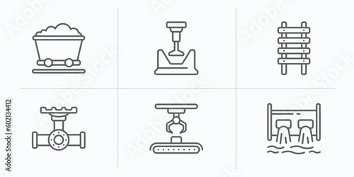 industry outline icons set. thin line icons such as coal wagon, crusher, step ladder, pipes, hinery, hydro power generation vector.