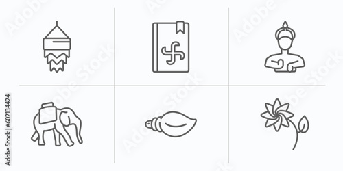 india outline icons set. thin line icons such as kandeel, vedas, indian goddess, indian elephant, biju janata dal, lakshmi vector.