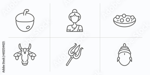 india outline icons set. thin line icons such as nut, india mother, kanji vadas, indian cow, trident, sarai vector.