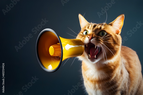 Red cat screams loudly meows into a megaphone announcing. Generative AI