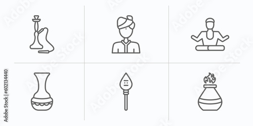 india outline icons set. thin line icons such as hookah, indian man, brahman, indian vase, kartikeya, tandoori vector.