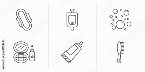 hygiene outline icons set. thin line icons such as hygienic pad, urinal, bubbles, cosmetics, tooth paste, primp vector.