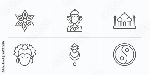 india outline icons set. thin line icons such as anise, indra, taj mahal, krishna, devi, sarnaism vector.