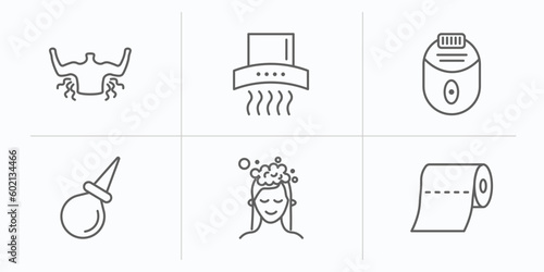 hygiene outline icons set. thin line icons such as body odour, extractor, epliator, l aspirator, hair washing, paper towel vector.