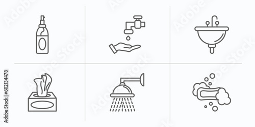 hygiene outline icons set. thin line icons such as hair tonic, scrub up, washbasin, tissues, douche, lather vector.