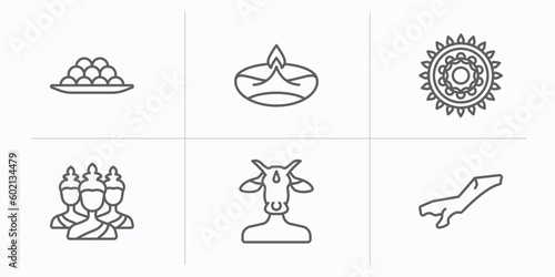 india outline icons set. thin line icons such as indian sweets, diwali lamp, rangoli, brahma, varaja, assam vector. photo