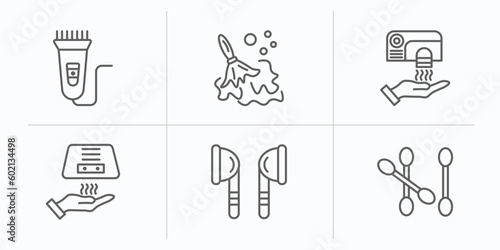 hygiene outline icons set. thin line icons such as electric razor, wet cleaning, hand dryer, drying hands, ear buds, cotton swab vector.