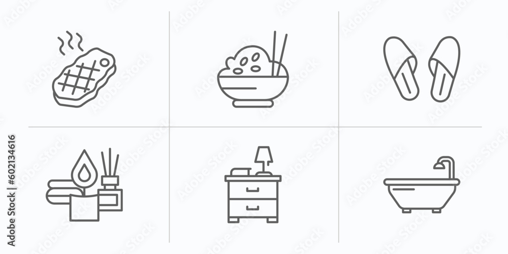 hotel outline icons set. thin line icons such as steak, rice, slippers, spa, nightstand, bathtub vector. hotel outline icons set. thin line icons such as steak, rice, slippers, spa, nightstand, bathtub vector.
