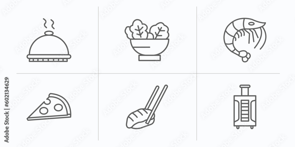 hotel outline icons set. thin line icons such as dish, salad, shrimp, pizza, sushi, luggage vector.