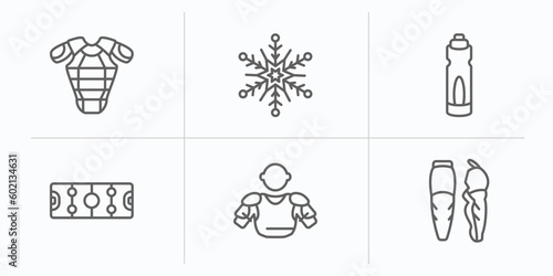 hockey outline icons set. thin line icons such as armour, snowflake, drink, hockey pitch, bowman, shin vector.
