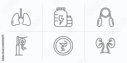 health and medical outline icons set. thin line icons such as lung  proteins  handgrip  saline  medical  urology vector.