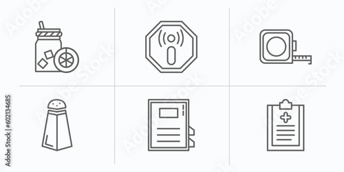 health and medical outline icons set. thin line icons such as orange juice, non ionizing radiation, measure tape, salt, medical book, medical checklist vector.