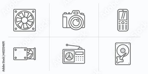 hardware outline icons set. thin line icons such as computer fan, big camera, keypad phone, cd room, fm radio, harddrive vector.