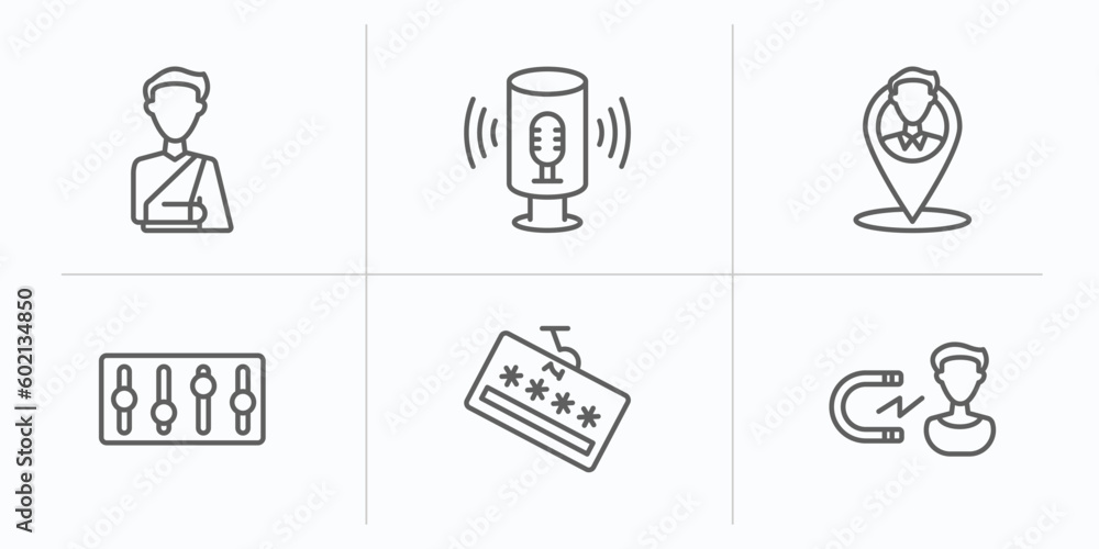 general outline icons set. thin line icons such as shoulder immobilizer, smart assistant, placement, sound control, password phishing, user engagement vector.