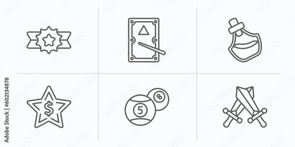 Naklejka premium gaming outline icons set. thin line icons such as recognition badge, pool table, potions, bonus, billiard ball, role playing game vector.