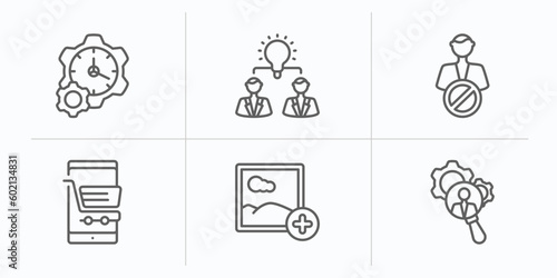 general outline icons set. thin line icons such as build time, collaborative idea, impeachment, ecommerce platform, add photos, hr services vector.