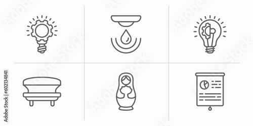 general outline icons set. thin line icons such as inspiration, water sensor, realization, solarium, matryoshka, marketing plan vector.