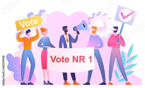 People at rally. Men and women with loudspeakers and placards. Political opposition, elections. Election campaign voting. Protest and demonstration. Cartoon flat vector illustration