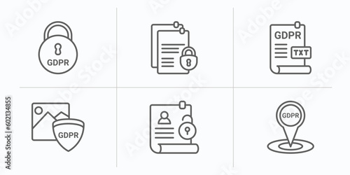 gdpr outline icons set. thin line icons such as keylock, documentation, text file, photo, right to access, address vector.