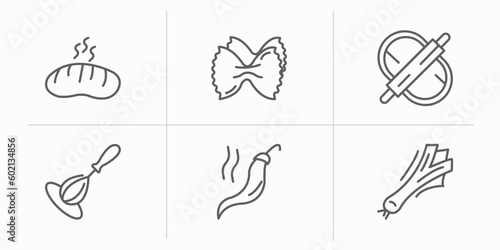 gastronomy outline icons set. thin line icons such as bun, aroni, dough, whisk, spice, leek vector. photo