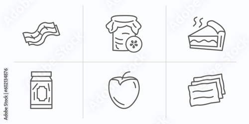 gastronomy outline icons set. thin line icons such as bacon, pickle, pie, pickles, persimmon, lasagne vector.