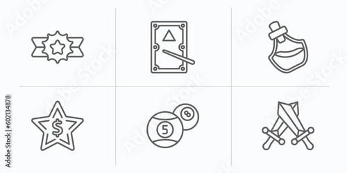 gaming outline icons set. thin line icons such as recognition badge, pool table, potions, bonus, billiard ball, role playing game vector.