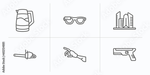 future technology outline icons set. thin line icons such as kettle, ar glasses, cityscape, chainsaw, robot arm, blaster vector.