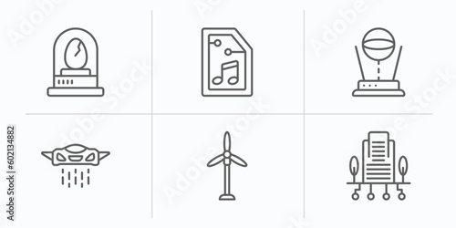 future technology outline icons set. thin line icons such as egg incubator, audio file, hologram, vehicle, eolic energy, building vector.