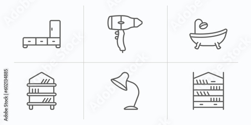 furniture and household outline icons set. thin line icons such as stand, hair dryer, bath, rack, desk lamp, bookshelf vector.