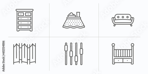furniture and household outline icons set. thin line icons such as drawer chest, kotatsu, comfortable, folding screen, fader, baby cot vector.