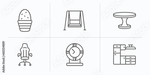 furniture & household outline icons set. thin line icons such as cactus, porch swing, dining table, desk chair, table clock, cabinets vector.
