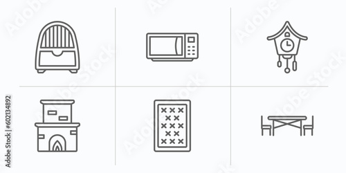 furniture & household outline icons set. thin line icons such as dehumidifier, microwave, cuckoo clock, fireplace, mattress, kitchen table vector.
