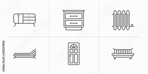 furniture & household outline icons set. thin line icons such as credenza, night stand, radiator, lounger, door, daybed vector.