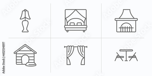 furniture & household outline icons set. thin line icons such as bedroom lamp, canopy bed, chimney, pet house, curtains, card table vector.
