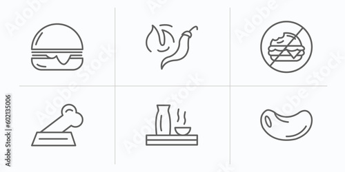 food outline icons set. thin line icons such as hamburger with bacoon, hot pepper, forbidden burguer, dog food, sake, bean vector.