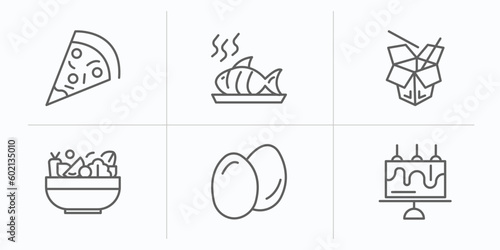 food outline icons set. thin line icons such as triangular pizza slice, cooked fish, chinese food, bowl with vegetables, two eggs, celebration cake vector.