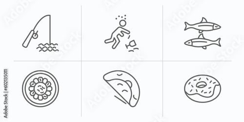 food outline icons set. thin line icons such as fishing tool, alcoholic, sardines, fuqi feipian, oyster omelette, chote donut vector.