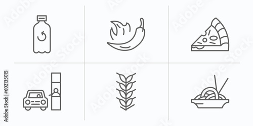 food outline icons set. thin line icons such as recycling bottles, hot chilli pepper, pizza slice cut, drive through, ear of wheat, chow mein vector.