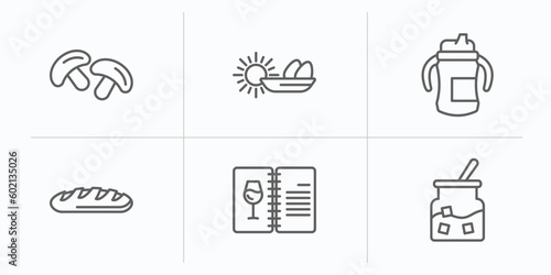 food outline icons set. thin line icons such as mushrooms, morning, sippy cup, french bread, drinks menu, sugar container vector.