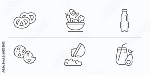 food outline icons set. thin line icons such as pretzel, healthy nutrition, water container, biscuits, fallen, healthy shakes vector.