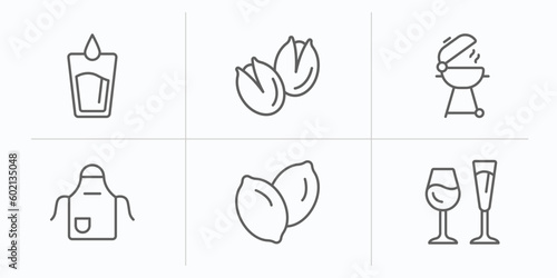 food outline icons set. thin line icons such as water glass, pistachio, grill, kitchen pack, slot, alcoholic drinks vector.