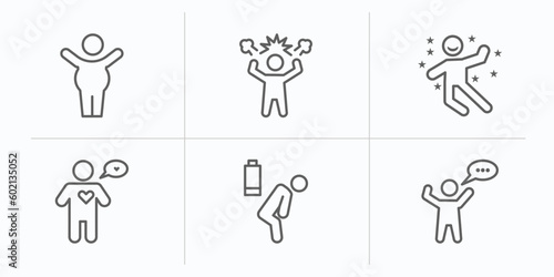 feelings outline icons set. thin line icons such as fat human, irritated human, great human, alive exhausted amazing vector.