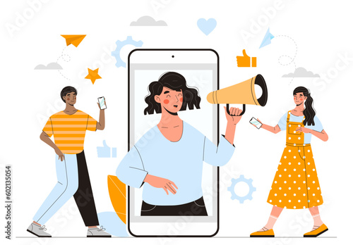 Refer friend concept. Man and woman near phone with girl with loudspeaker. Marketing in social networks, promotion of goods on Internet. Marketer talking to buyers. Cartoon flat vector illustration